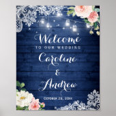 Rustic Blue String Lights Lace Floral Wedding Sign Poster (Voorkant)