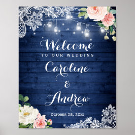 Rustic Blue String Lights Lace Floral Wedding Sign Poster