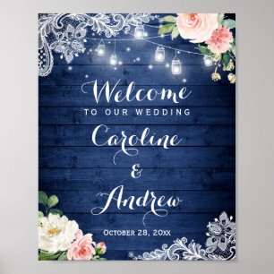 Rustic Blue String Lights Lace Floral Wedding Sign Poster