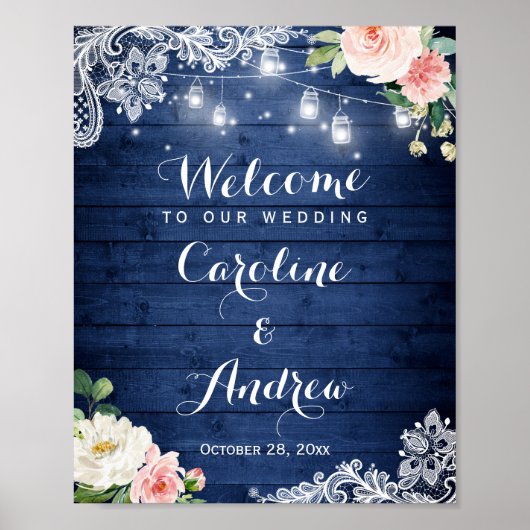 Rustic Blue String Lights Lace Floral Wedding Sign Poster (Voorkant)