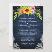 Rustic Blue Sunflower Floral Lace Photo Wedding Kaart (Voorkant)