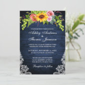 Rustic Blue Sunflower Floral Lace Photo Wedding Kaart (Staand voorkant)