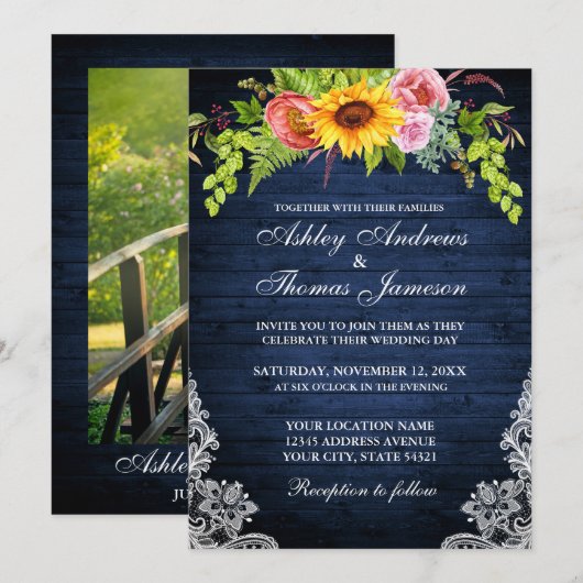 Rustic Blue Sunflower Floral Lace Photo Wedding Kaart (Voorkant / Achterkant)
