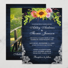 Rustic Blue Sunflower Floral Lace Photo Wedding Kaart