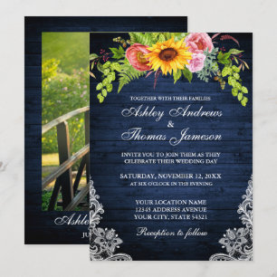 Rustic Blue Sunflower Floral Lace Photo Wedding Kaart
