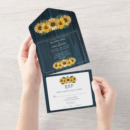 Rustic Blue Sunflower Wedding All In One Uitnodiging (Afscheurbaar)