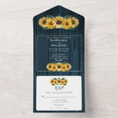 Rustic Blue Sunflower Wedding All In One Uitnodiging (Binnen)