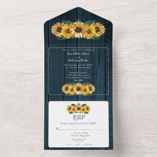 Rustic Blue Sunflower Wedding All In One Uitnodiging (Binnen)