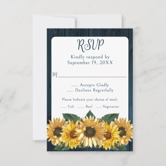 Rustic Blue Sunflower Wedding RSVP Kaart (Voorkant)