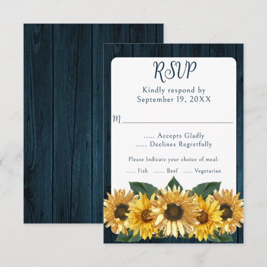 Rustic Blue Sunflower Wedding RSVP Kaart (Voorkant / Achterkant)