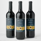 Rustic Blue Sunflower Wedding Wine Label Wijn Etiket (Flessen)