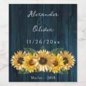 Rustic Blue Sunflower Wedding Wine Label Wijn Etiket (Enkel label)