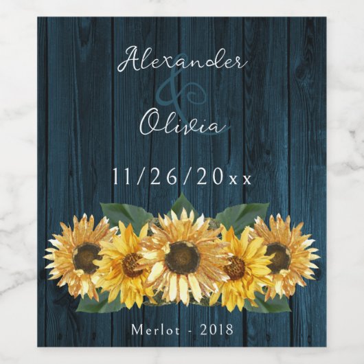 Rustic Blue Sunflower Wedding Wine Label Wijn Etiket (Enkel label)