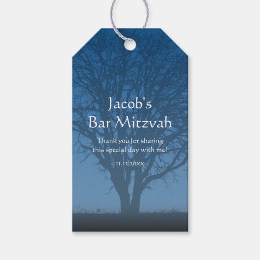 Rustic Blue Tree of Life Bar Mitzvah Cadeaulabel (Voorkant)