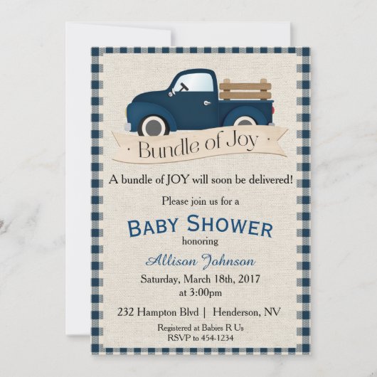 Rustic Blue Truck Baby shower Uitnodiging (Voorkant)
