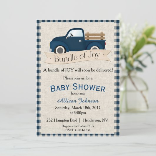 Rustic Blue Truck Baby shower Uitnodiging (Staand voorkant)