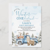 Rustic Blue Truck Bear Winter Onederland Birthday Kaart (Voorkant)
