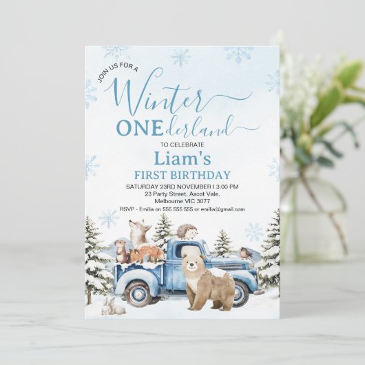 Rustic Blue Truck Bear Winter Onederland Birthday Kaart (Staand voorkant)