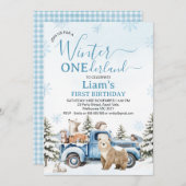 Rustic Blue Truck Bear Winter Onederland Birthday Kaart (Voorkant / Achterkant)
