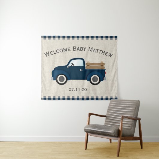 Rustic Blue Truck Jongens Baby Shower Achtergrond Wandkleed (In Situ (horizontaal))