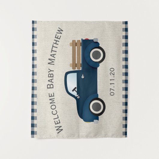 Rustic Blue Truck Jongens Baby Shower Achtergrond Wandkleed (Voorkant)