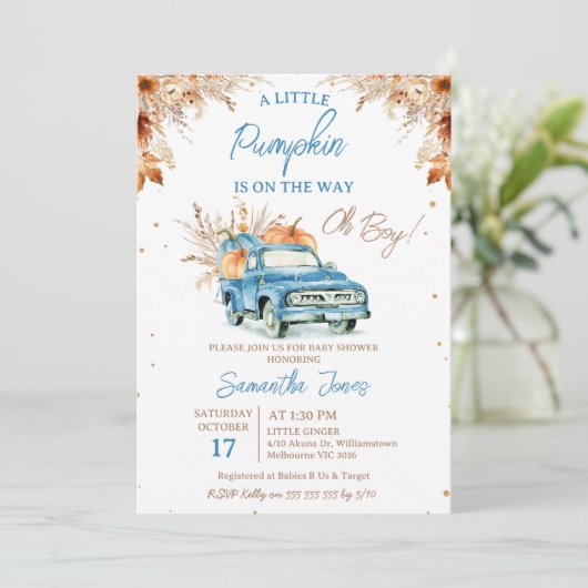 Rustic Blue Truck Little Pumpkin Baby shower Kaart (Staand voorkant)