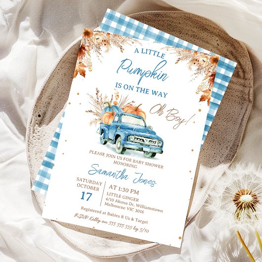 Rustic Blue Truck Little Pumpkin Baby shower Kaart