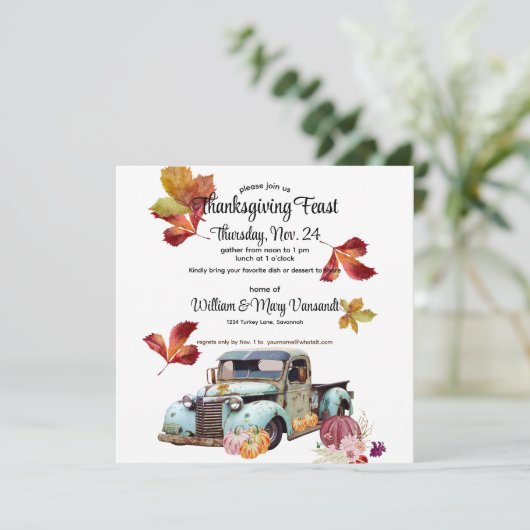 Rustic  Blue Truck Thanksgiving Uitnodiging (Staand voorkant)