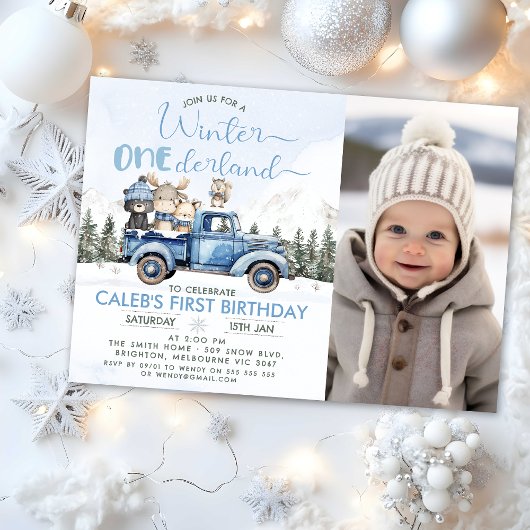 Rustic Blue Truck Winter Onederland 1st Birthday Kaart