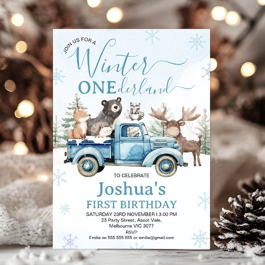 Rustic Blue Truck Winter Onederland Birthday Kaart