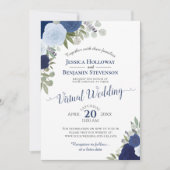 Rustic Blue Watercolor Floral Virtual Wedding Kaart (Voorkant)
