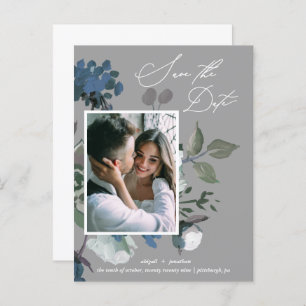 Rustic Blue Waterverf Bouquet Save the Date Uitnodiging Briefkaart
