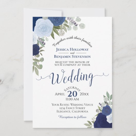 Rustic Blue Waterverf Rozen Boho Floral Wedding Kaart (Voorkant)