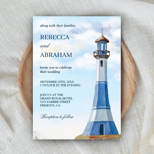 Rustic Blue Waterverf vuurtoren Nautical Wedding Kaart