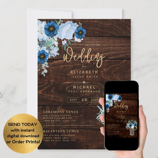 Rustic Blue Wedding Instant Digital Download Kaart
