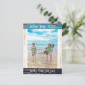 Rustic Blue White Beach Wood Photo Frame Briefkaart (Staand voorkant)