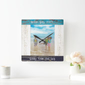 Rustic Blue White Beach Wood Photo Frame Vierkante Klok (Huis)