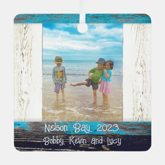 Rustic Blue White Beach Wood Text Photo Frame Metalen Ornament (Voorkant)