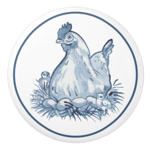 Rustic Blue & White Chicken Hen Egg Chick Land Keramische Knop
