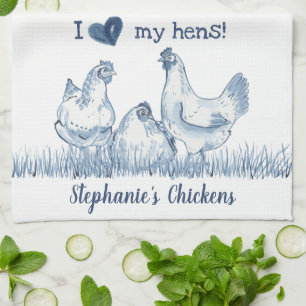 Rustic Blue & White Chicken, Hen Personalized Theedoek