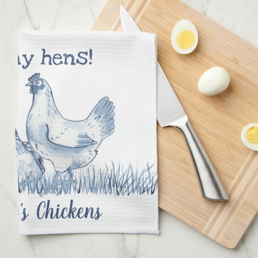 Rustic Blue & White Chicken, Hen Personalized Theedoek (Quarter Fold)
