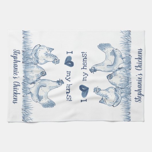 Rustic Blue & White Chicken, Hen Personalized Theedoek (Horizontaal)