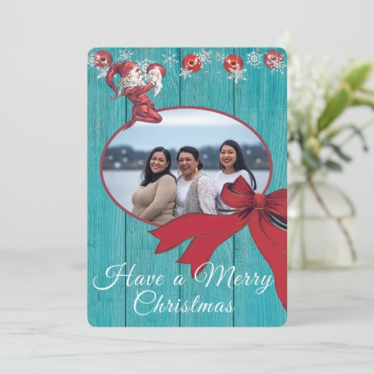 Rustic Blue White Red Elf Family Foto Feestdagenkaart (Staand voorkant)