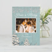 Rustic Blue White Winter Sneeuwfamilie Foto Feestdagenkaart (Staand voorkant)