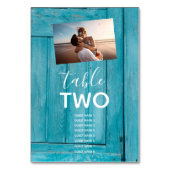 Rustic Blue Wood 2 Foto's Wedding Guest Names Kaart (Achterkant)