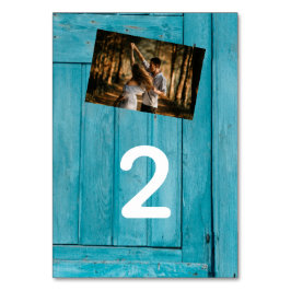 Rustic Blue Wood 2 Photos Wedding Kaart