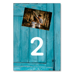 Rustic Blue Wood 2 Photos Wedding Kaart
