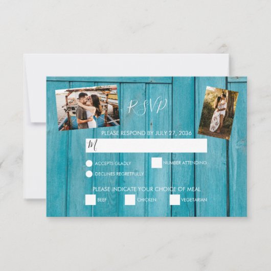 Rustic Blue Wood 3 Foto's Wedding RSVP-kaarten RSVP Kaartje (Voorkant)