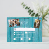 Rustic Blue Wood 3 Foto's Wedding RSVP-kaarten RSVP Kaartje (Staand voorkant)