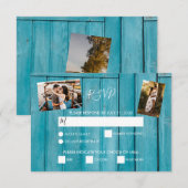 Rustic Blue Wood 3 Foto's Wedding RSVP-kaarten RSVP Kaartje (Voorkant / Achterkant)